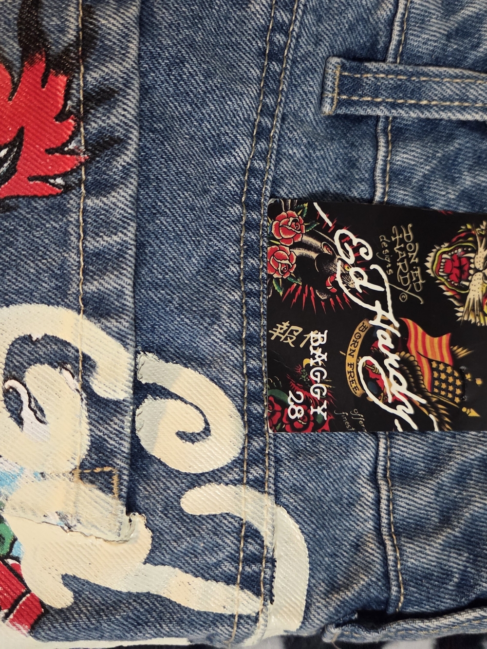 Ed Hardy Light Blue Straight-Leg Jeans with Colorful Embroidered Back - Picture 5 of 7
